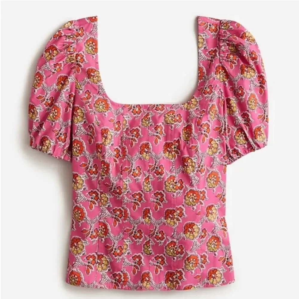 J. Crew Puff-sleeve squareneck top in Ratti® pink blooms print